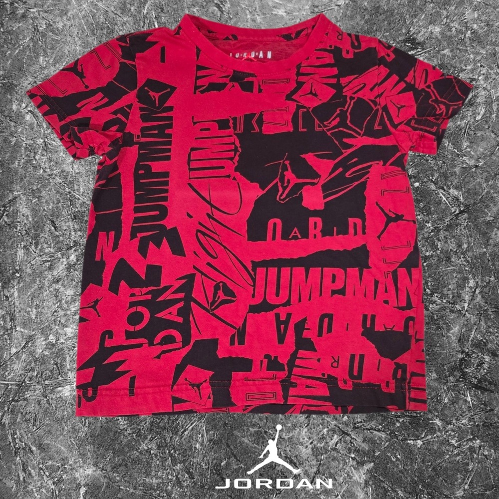 Jordan Flight AOP T-Shirt Boys Graphic All Over Print Gym Red Black Size 7 Large